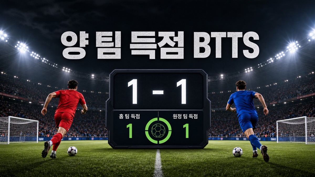 양 팀 득점 BTTS를 나타내는 1대1 축구 점수판과 두 선수