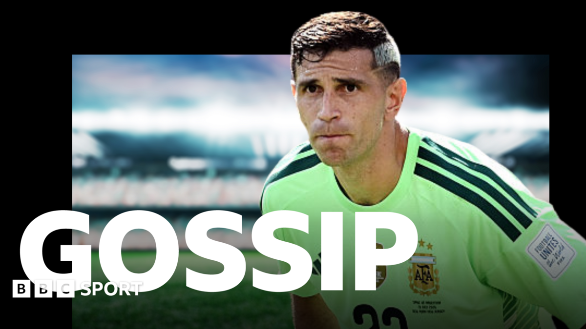 BBC Sport Gossip graphic featuring an image of Emiliano Martinez playing for Argentina