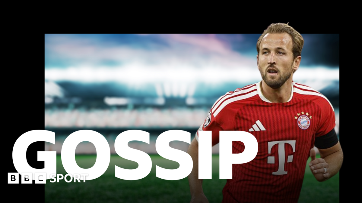 Graphic with the word 'gossip' in white capital letters along the bottom and a photo of Harry Kane, wearing a red Bayern Munich shirt and running, on the right