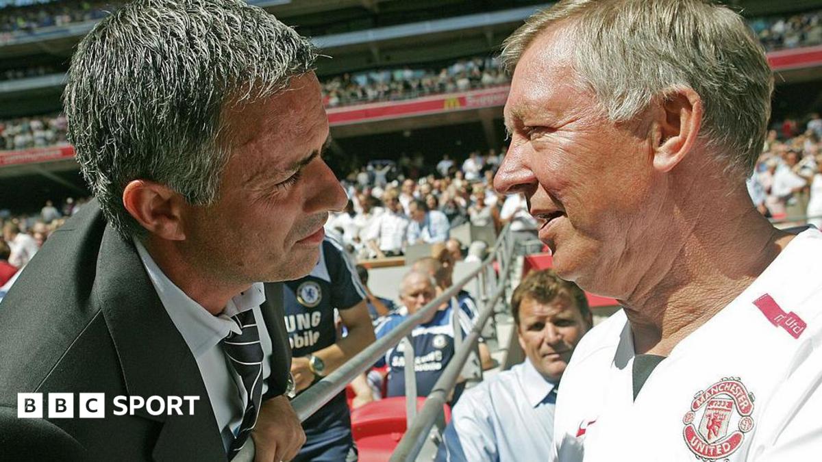 Jose Mourinho and Sir Alex Ferguson greet each other at Wembley in 2007